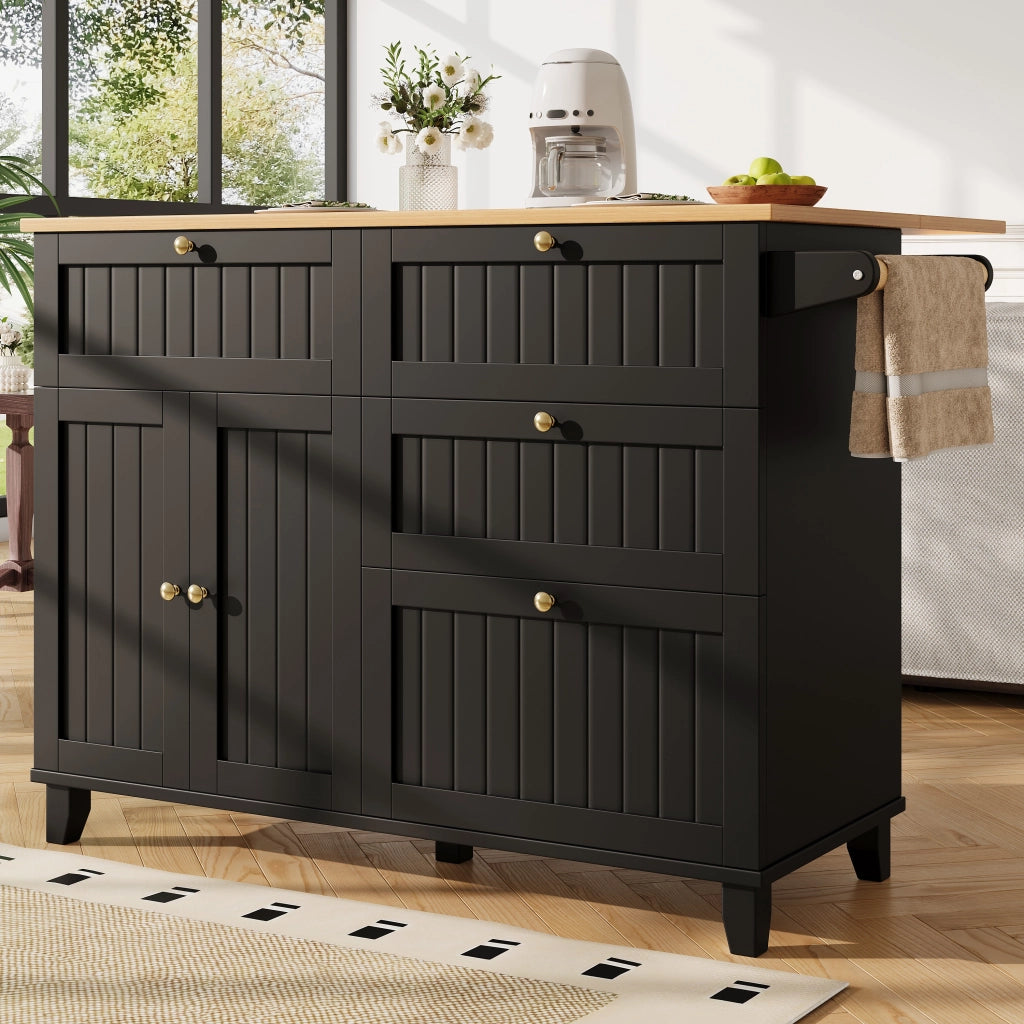 Carrello da Cucina con Piano Ribaltabile; Ruote e Piedini Regolabili; in MDF; Nero; 133 x 37;3 x 88 cm
