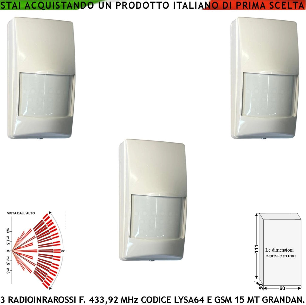 Rilevatore Movimento Intrusi Tre Pezzi Sensore Infrarosso Wireless 433,92 MHz Anti-jamming Portata 15 Metri Grandangolo Walk test Pir 40VR Codice Secur-Sydra GSM da Interno 17 Fasci su 3 Livelli