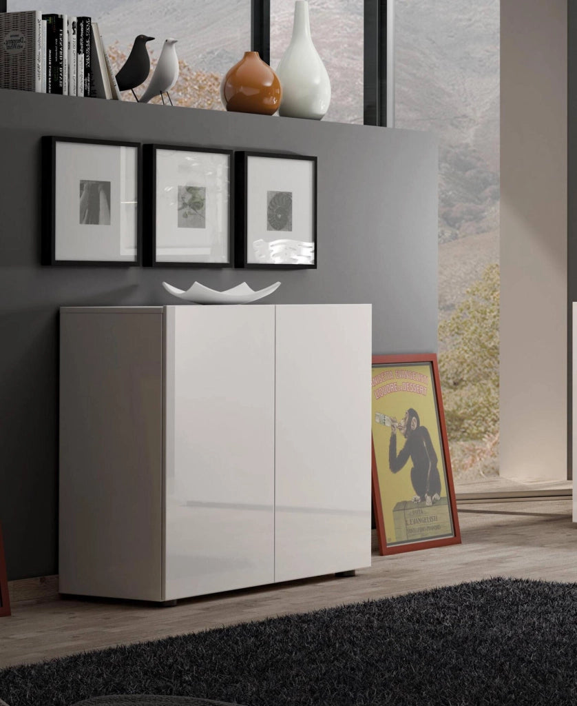 Credenza Ortoclasio, Buffet da soggiorno, Madia da salotto, Dispensa da cucina, Made in Italy, 90x38h79 cm, Bianco lucido