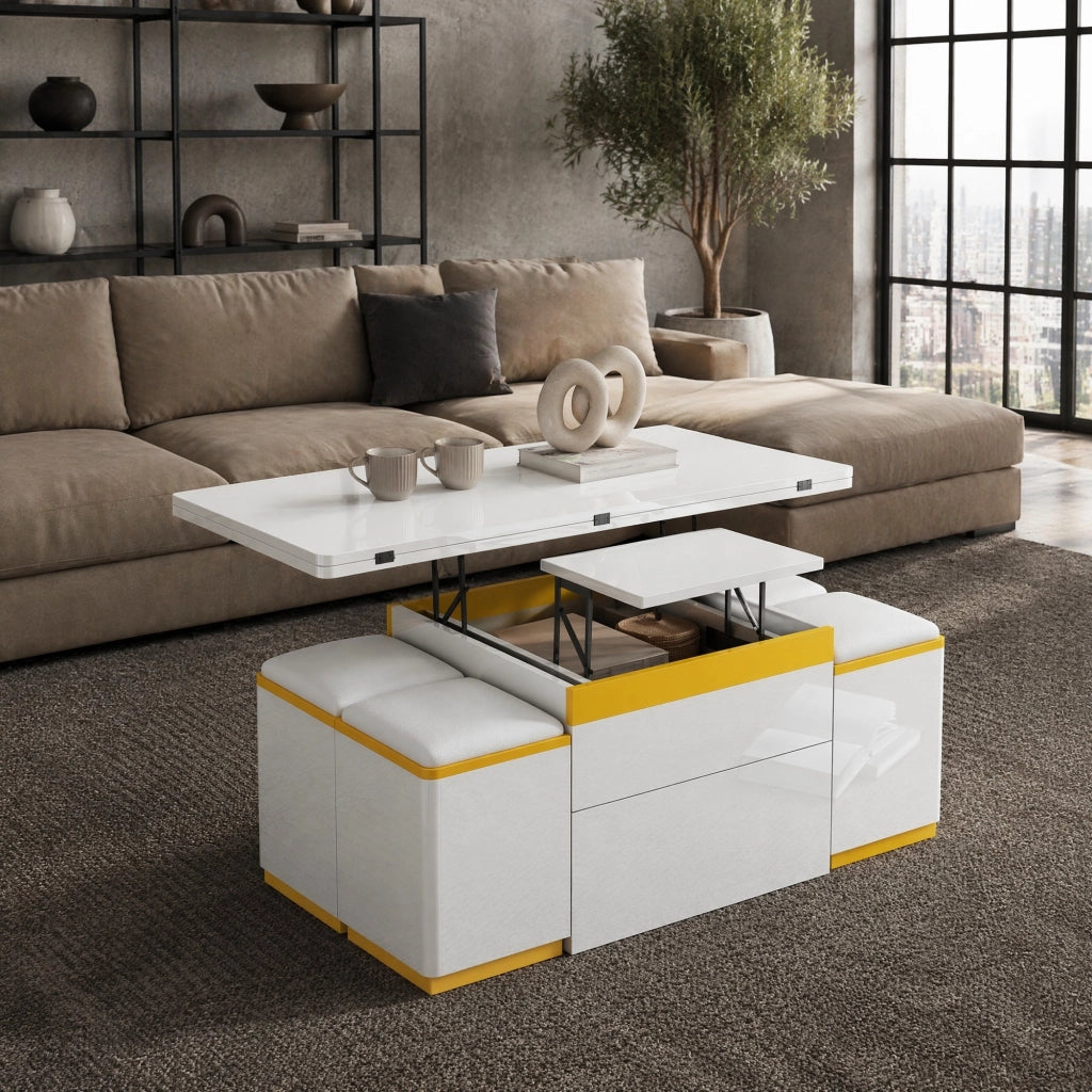 TAVOLINO DA CAFFÈ rialzabile 100 x 50 x 43 cm Bianco e Giallo, Set con 4 sgabelli