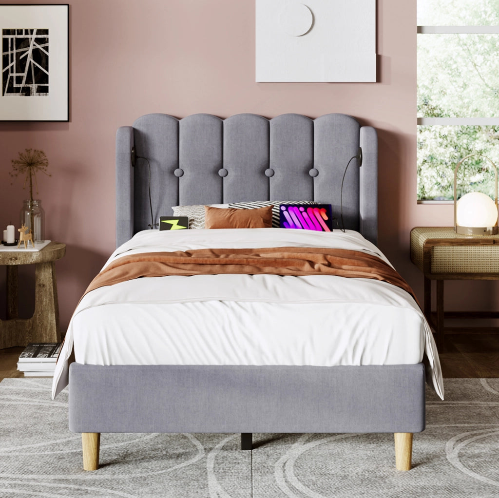 Letto singolo imbottito 90x200 cm in lino grigio con testiera USB e USB-C
