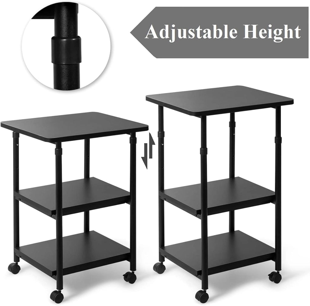 Carrello Supporto per Stampante, Scaffale Portaoggetti con Ruote, a 3 Ripiani, Ruote con Freni, Altezza Regolabile, Portata di 50 kg per Ogni Piano, 49x40x67-77 kg