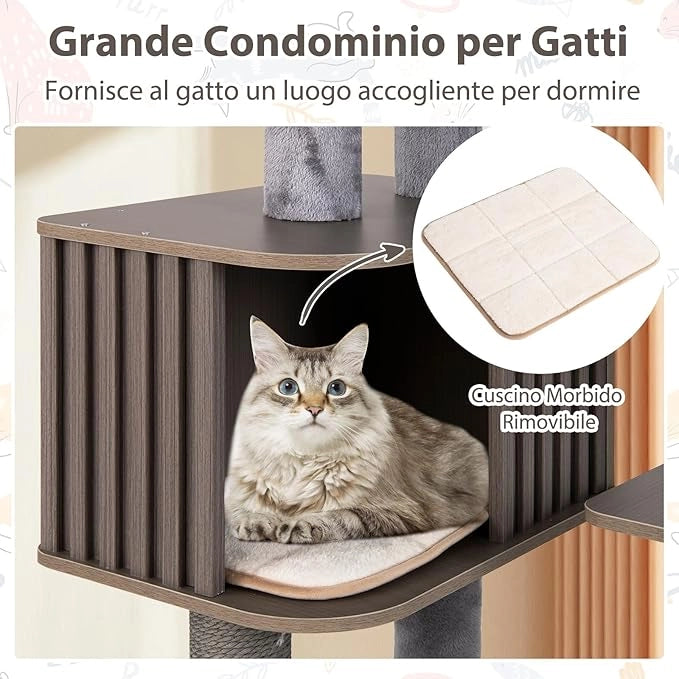 Albero per Gatti a 6 Livelli, Torre per Gatti Alta 151 cm con Condominio, Tappetini Removibili e Tiragraffi, Albero Tiragraffi per Arrampicata per Gattini in Legno con Palla Pompom Appesa