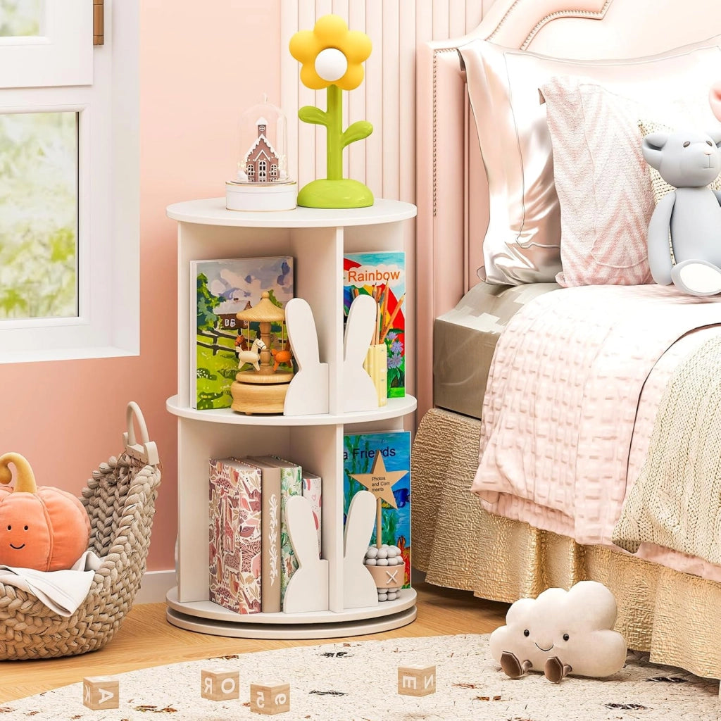 Libreria Girevole per Bambini, Scaffale Moderna in Legno a 2 Ripiani, Libreria Salvaspazio per Soggiorno, Camera da Letto e Studio, 40 x 65 cm (Bianco)