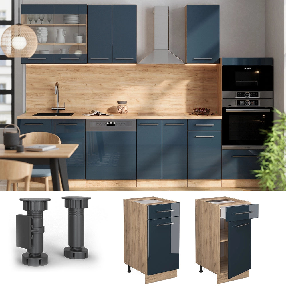 Mobiletto base per cucina Fame-Line Blu scuro lucido/Rovere dorato 40 cm, PL Rovere Vicco