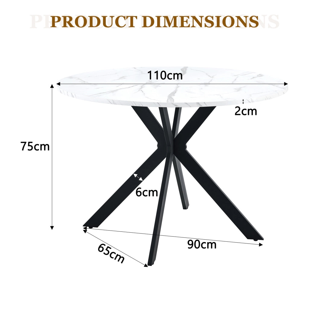 Tavolo da Pranzo Rotondo con Struttura a X; Effetto Marmo; per Cucina e Sala da Pranzo; in MDF e Metallo