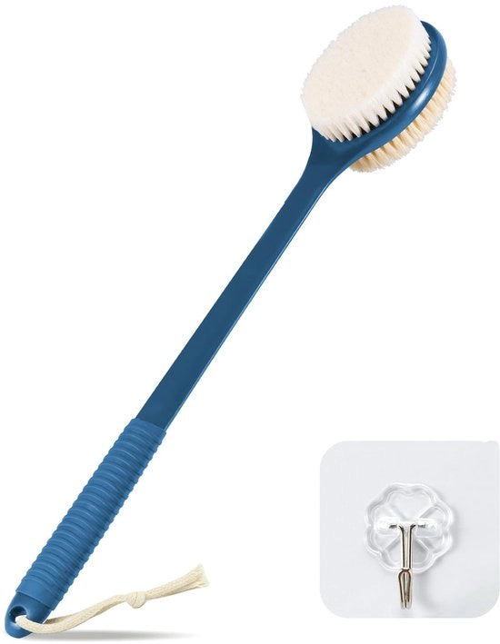 Rugborstel per doccia, set di spazzole umide e asciutte con lunga maniglia, spazzola per il corpo con setole naturali, spazzola esfoliante per rimuovere cellule epidermiche morte, prevenzione cellulite (blu scuro)