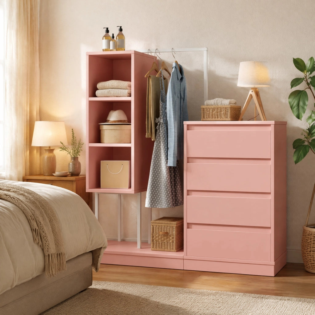 Armadio multifunzione con cassetti e barra appendiabiti, 140 x 40 x 135 cm, rosa e bianco