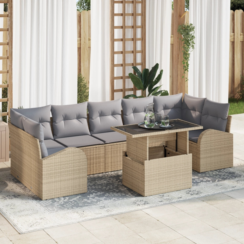 Set Divano da Giardino da 8 Pezzi con Cuscini Beige Rattan Sintetico