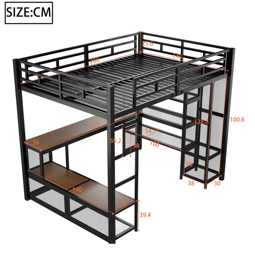 Letto a soppalco 140x200 cm con scrivania; ripiani; LED e guardaroba aperto in metallo nero
