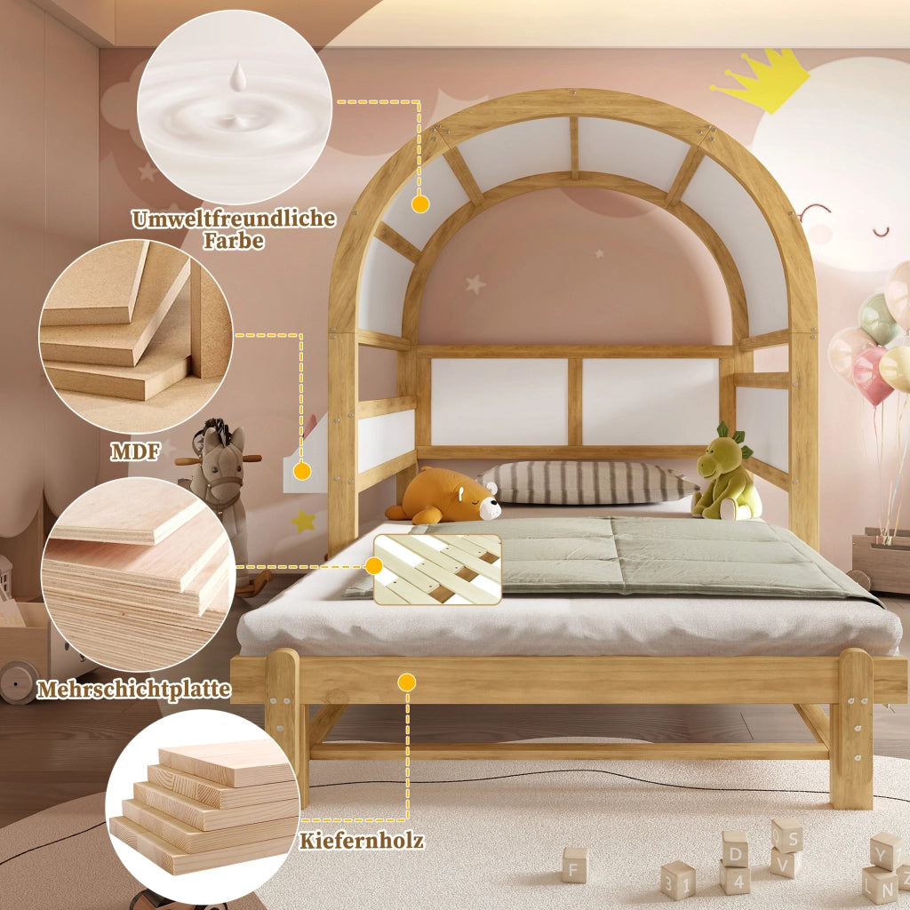 Letto Casetta 140x200 cm; Letto Singolo - Estraibile e Mensola Laterale - in Legno - Bianco e Naturale