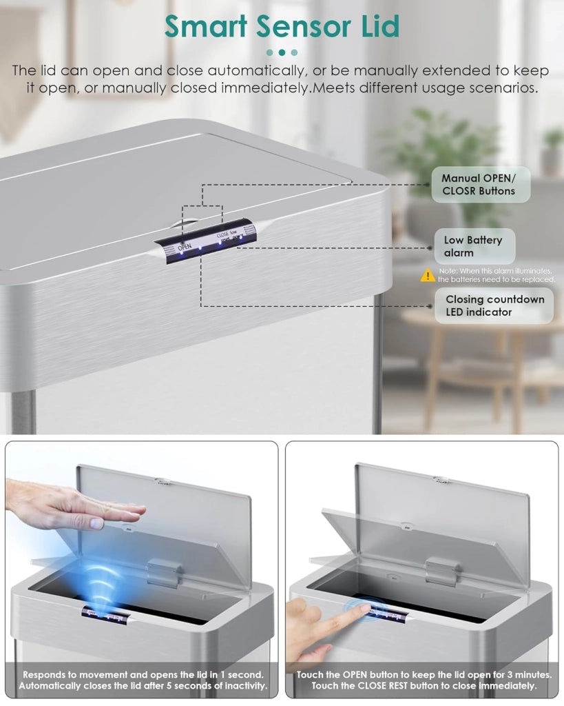 Pattumiera con sensore, pattumiera da cucina, 60 litri, coperchio elettrico con anello di serraggio per sacchetti della spazzatura, pattumiera automatica senza contatto, in acciaio inox