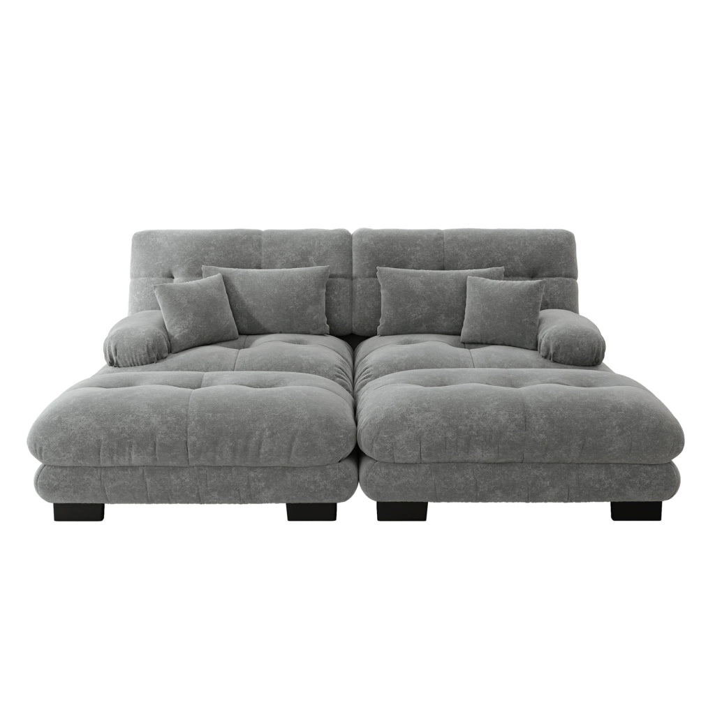 Divano angolare in Chenille grigio con 2 pouf e cuscini lombari per soggiorno