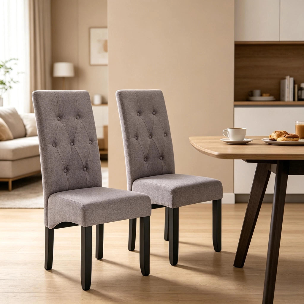 Set di 2 sedie da pranzo imbottite in lino grigio chiaro con schienale alto e gambe in legno massello