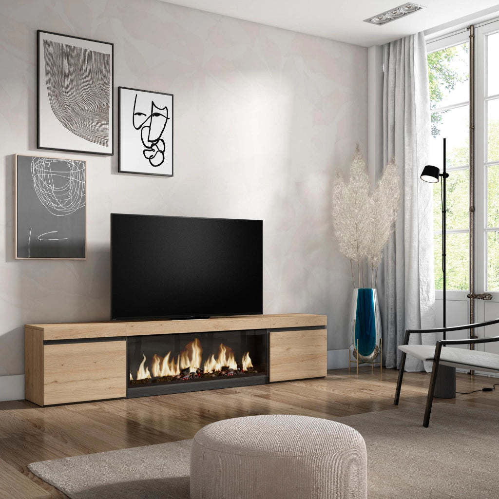 Mobile TV Soggiorno, 208x35x45cm, Per TV fino a 80", Camino elettrico XXL, colore Rovere RF3274