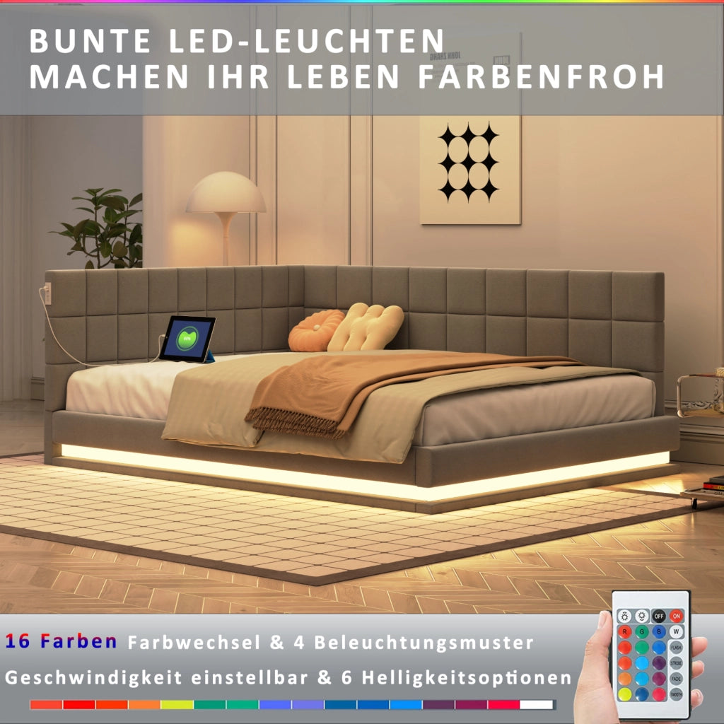 Divano letto imbottito 140x200 cm con LED e porta USB; grigio