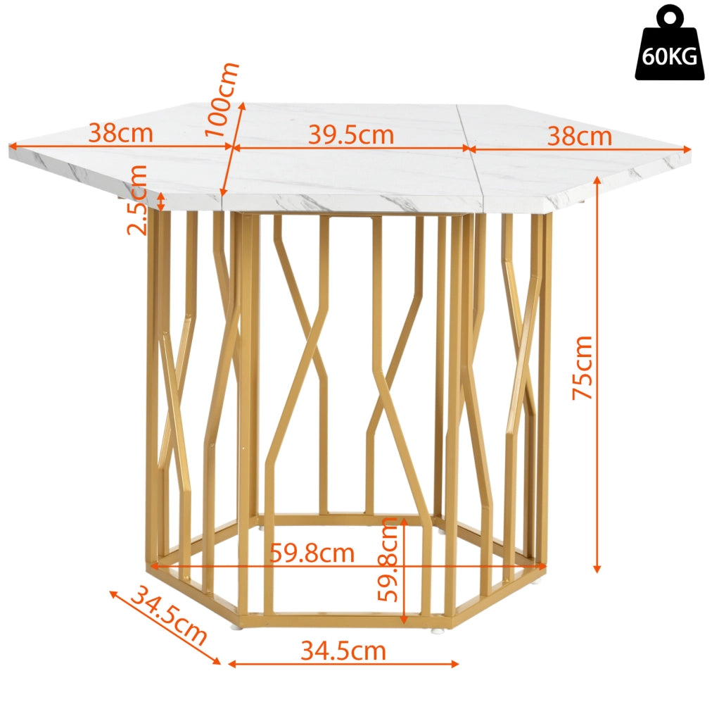 Tavolo da pranzo esagonale con piano effetto marmo in MDF e struttura in metallo