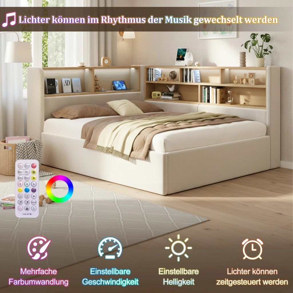LETTO con contenitore idraulico, velluto beige, 214.5x160.0x90.0 cm