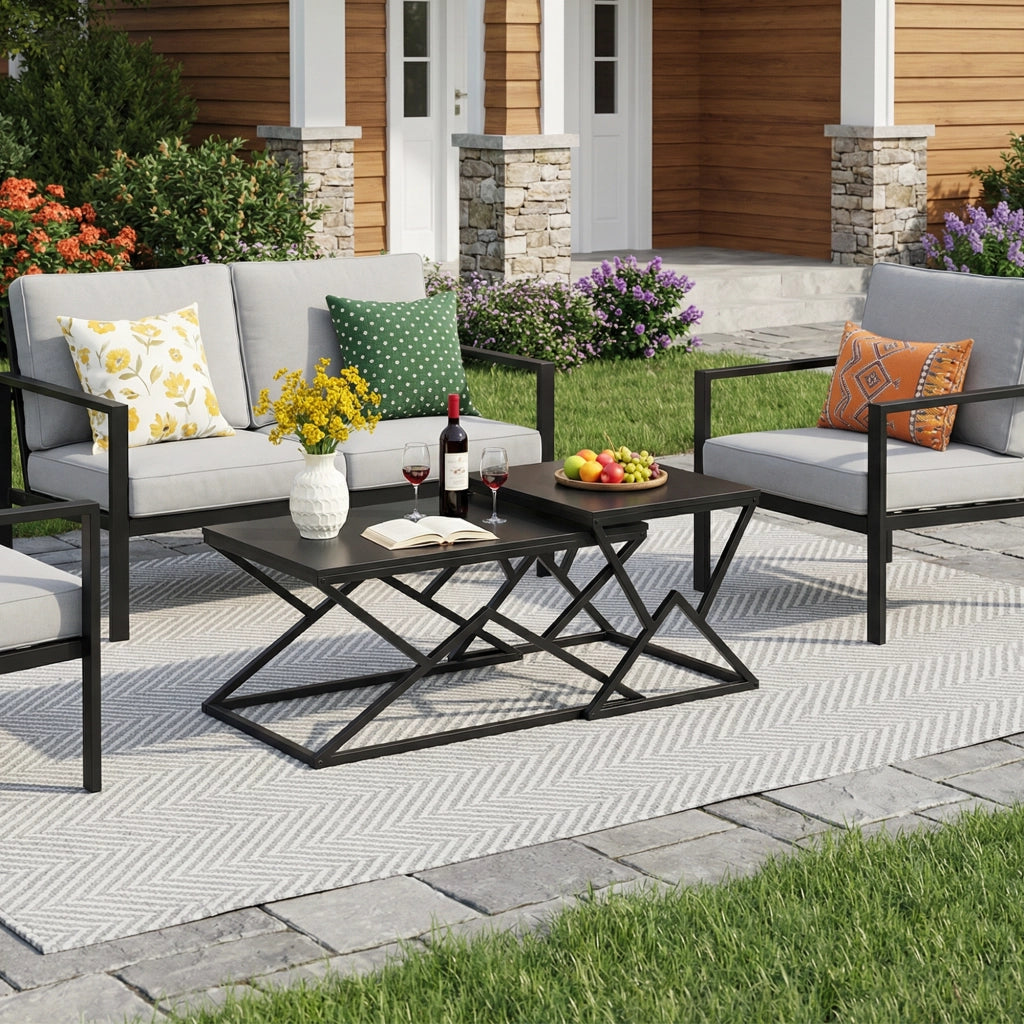 Tavolino basso geometrico in truciolare e metallo nero con ripiano a più livelli per soggiorno 80 × 50 × 40 cm