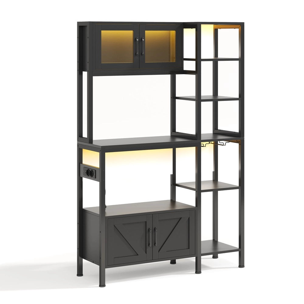 Libreria da Cucina con Presa e LED ¨C MINIMAL ¨C Scaffale Vino e Microonde, Legno, 180x115 cm