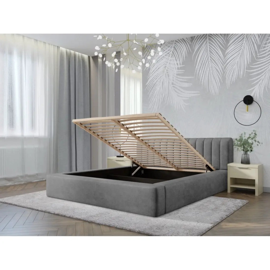 Lettino contenitore CERVIN - Velluto morbido Perla di cemento - 140x200 cm - Rete sollevabile - Design contemporaneo