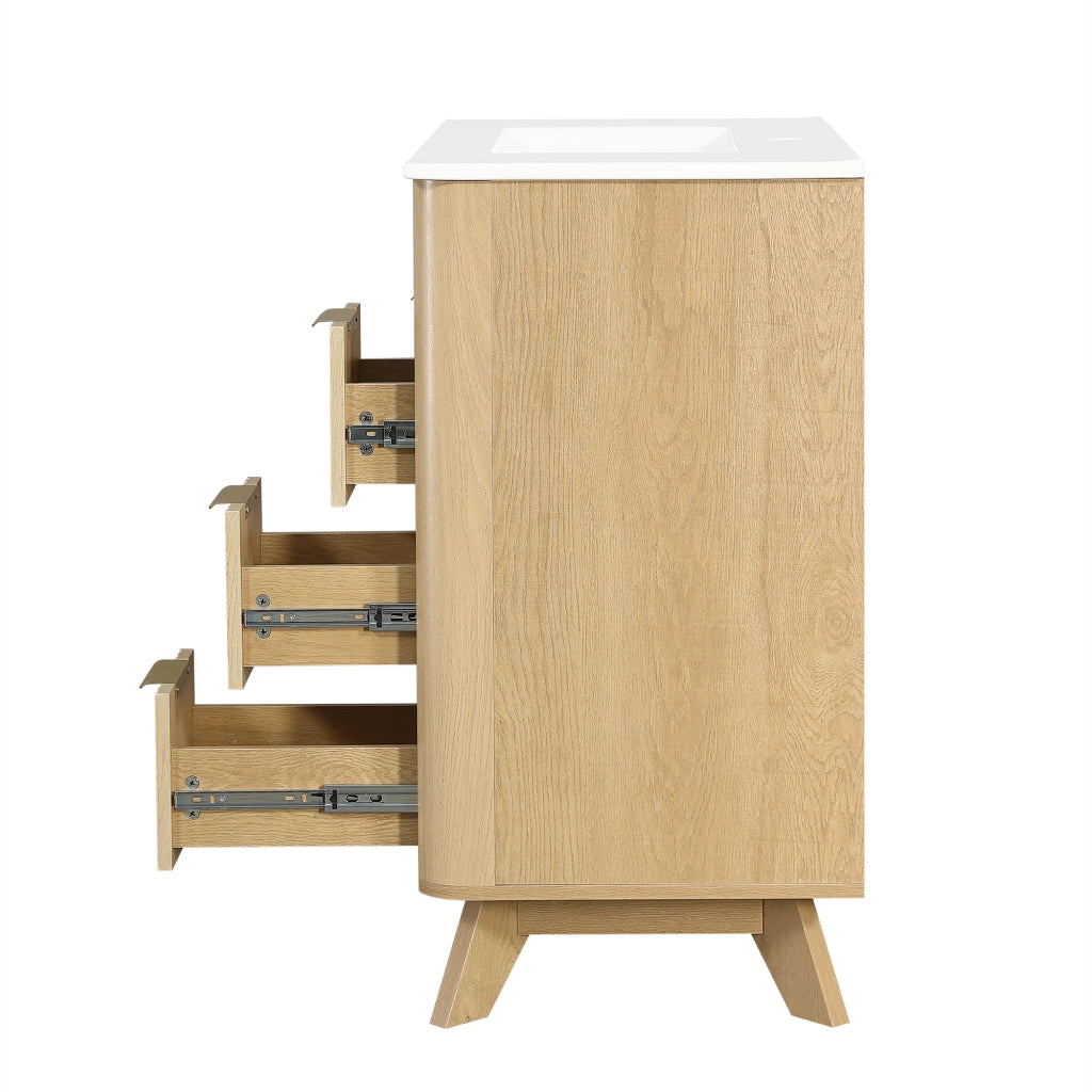 Mobile da bagno con 3 cassetti e 2 ante; lavabo in ceramica - per bagno - 81x47x90 cm - naturale