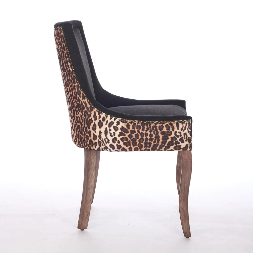 Set 2 Sedie da Pranzo Imbottite in Tessuto con Gambe in Legno Naturale ¨C MINIMAL ¨C Leopardato, Borchie Bronzo