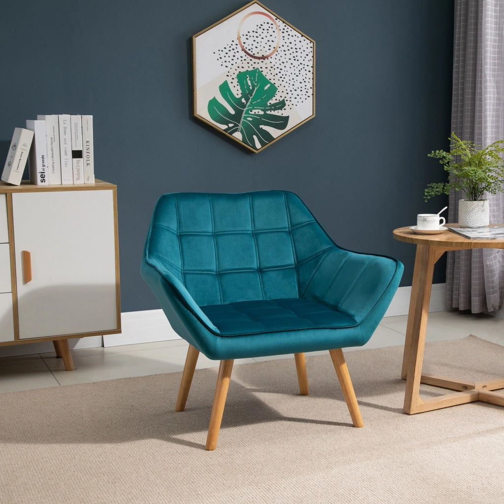 EasyComfort Poltroncina da Camera Design Scandinavo, Poltrona in Velluto e Legno, Color Petrolio, per Soggiorno o Ufficio, 67x61.5x71cm