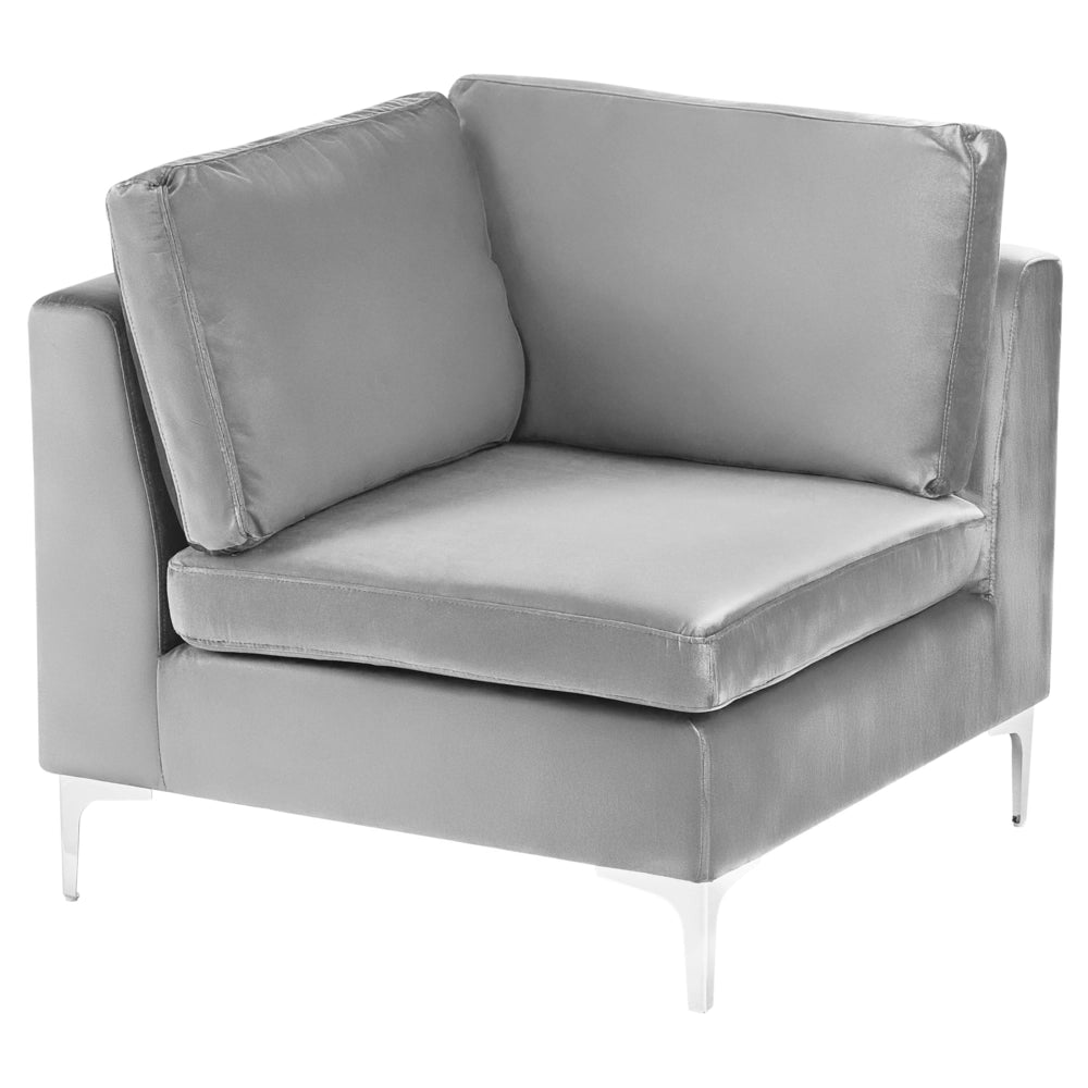Divano ad angolo componibile versione sinistra a 4 posti in velluto grigio con gambe in metallo argento stile glamour