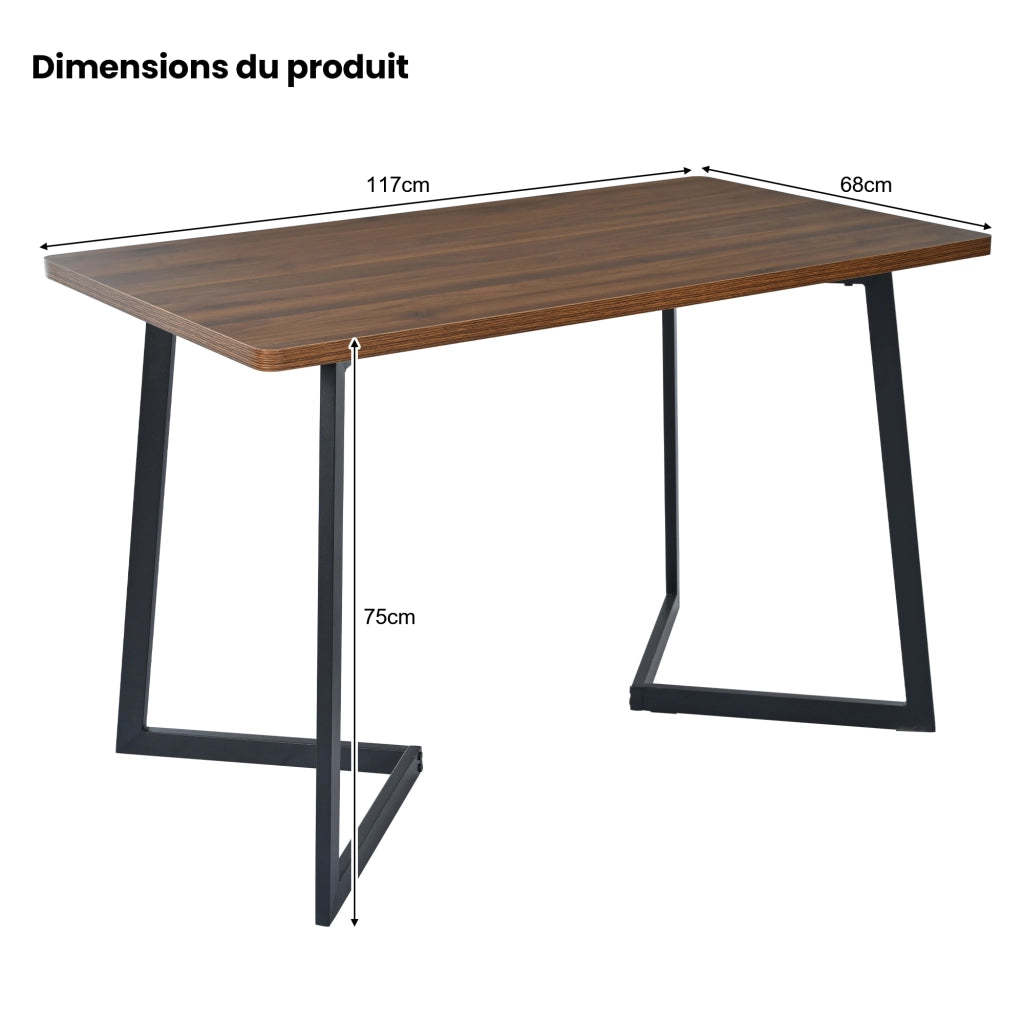 Tavolo da pranzo rettangolare con gambe in metallo per sala da pranzo e cucina in MDF 117 x 68 x 75 cm Nero e Noce
