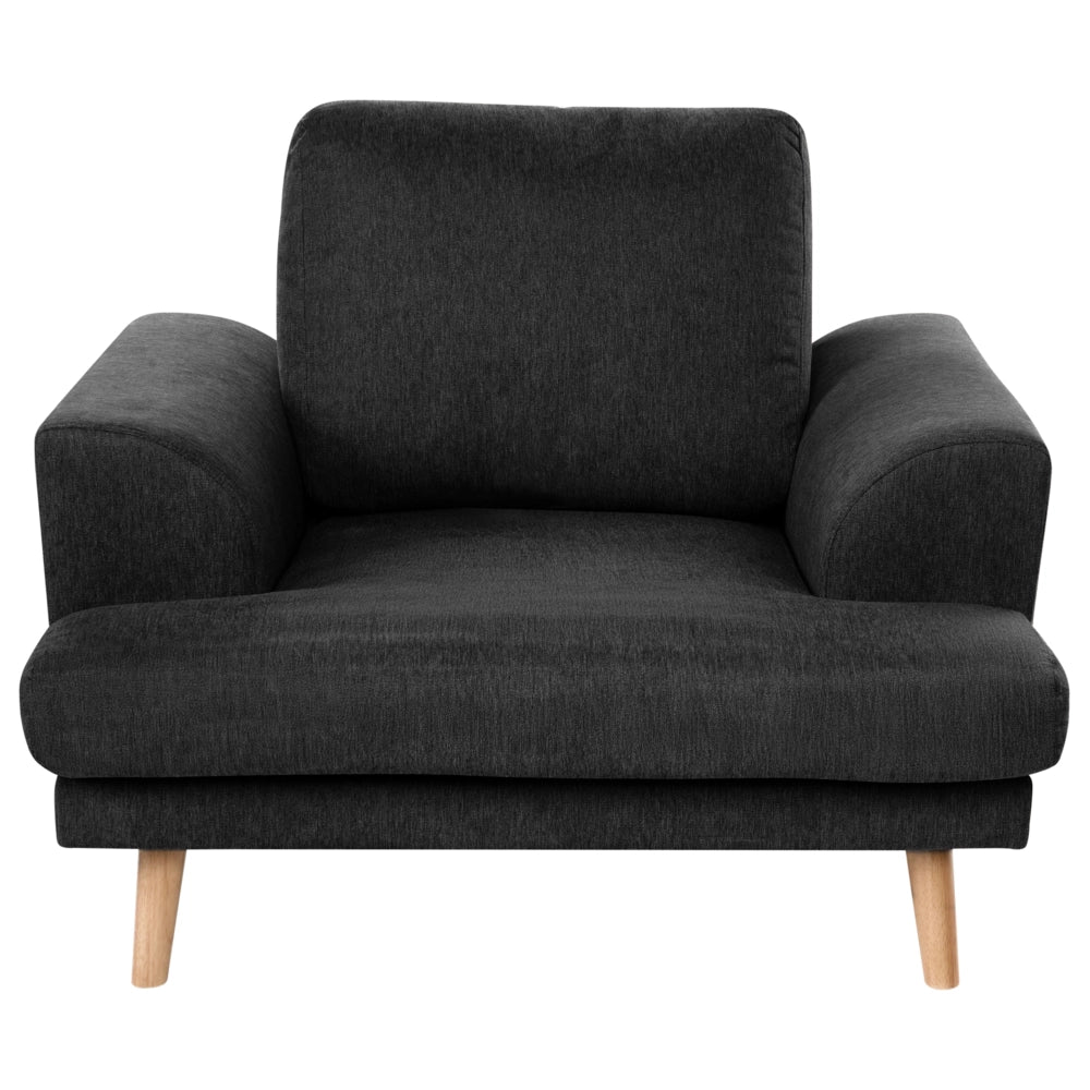 Set da salotto a 4 posti con divano in tessuto e poltrona braccioli svasati in stile moderno nero