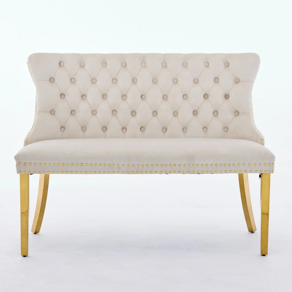 Panchina 2 Posti Imbottita in Velluto ¨C MINIMAL ¨C Beige, Gambe Dorate, Design Moderno