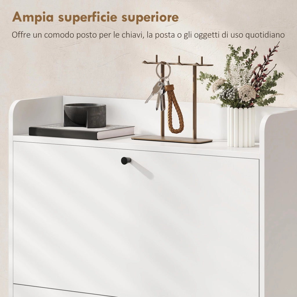 Mobile Scarpiera Slim con 2 Cassetti a Ribalta e Ripiani Regolabili. in Legno e Metallo. 80x24x101 cm. Bianco