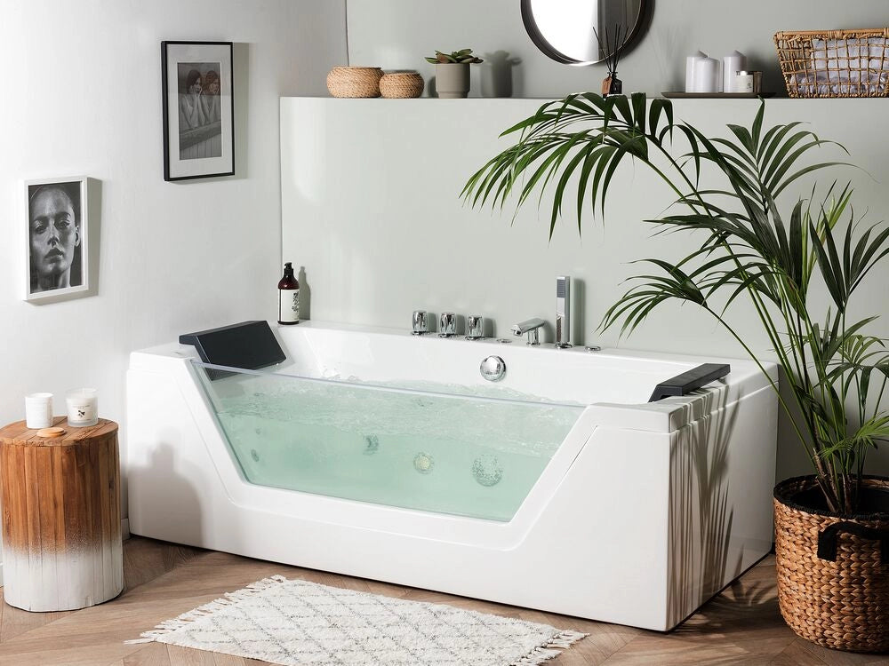 Punti Massaggio Bagno Bianco Argento con LED Sanitario Acrilico e Vetro Singolo 160 x 76 cm