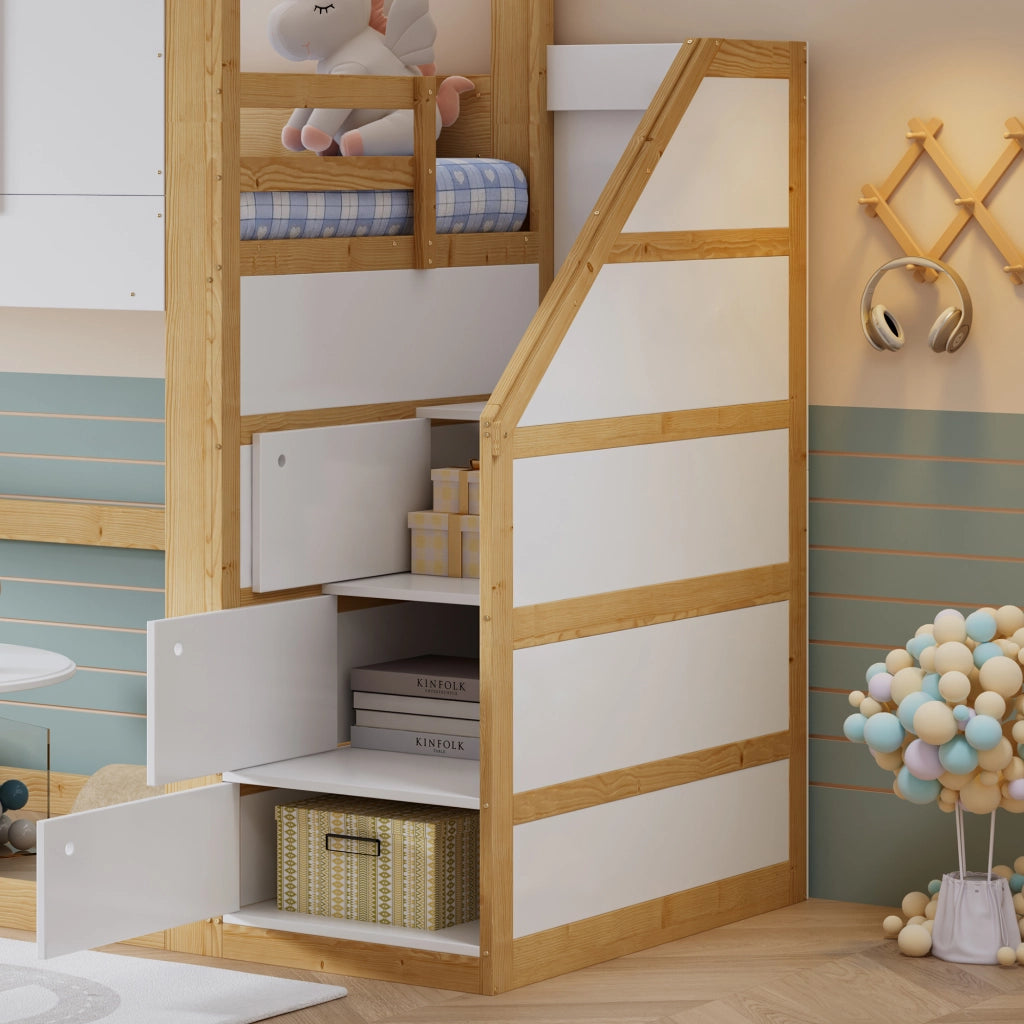 LETTO A CASTELLO 90x200 cm con scaletta contenitore, legno bianco/naturale
