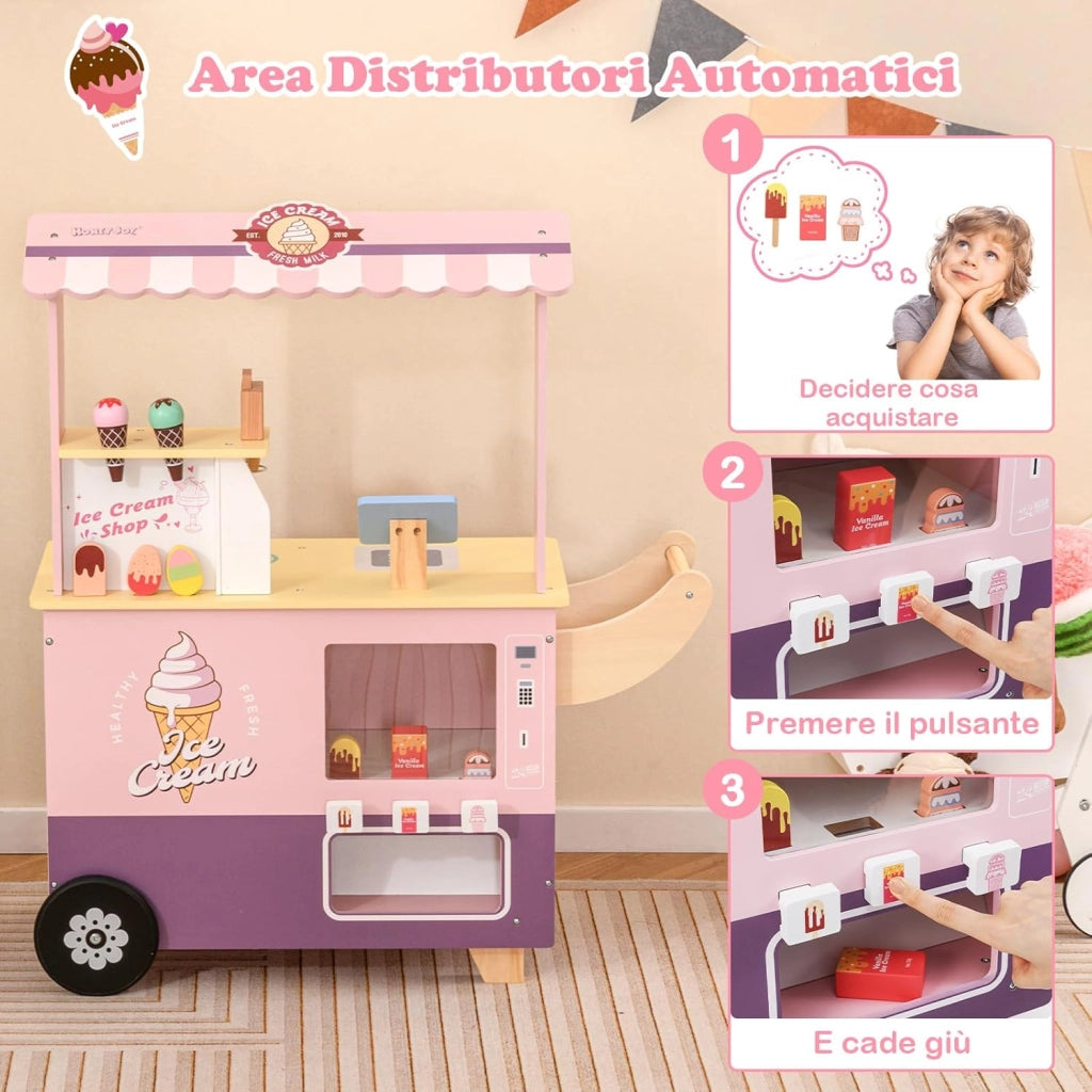Gelateria Giocattolo per Bambini con Gelatiera, Carrelo dei Gelati in Legno con Ruote e Maniglia, Negozio di Gelati Giocattolo con Cassa e 15 Accessori, per Bambini di 3 + Anni (Rosa)