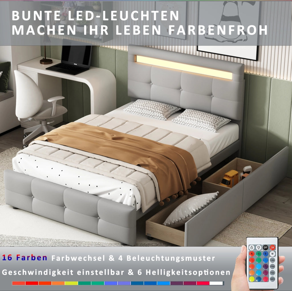 Letto singolo 90x200 cm imbottito con LED e 2 cassetti; grigio