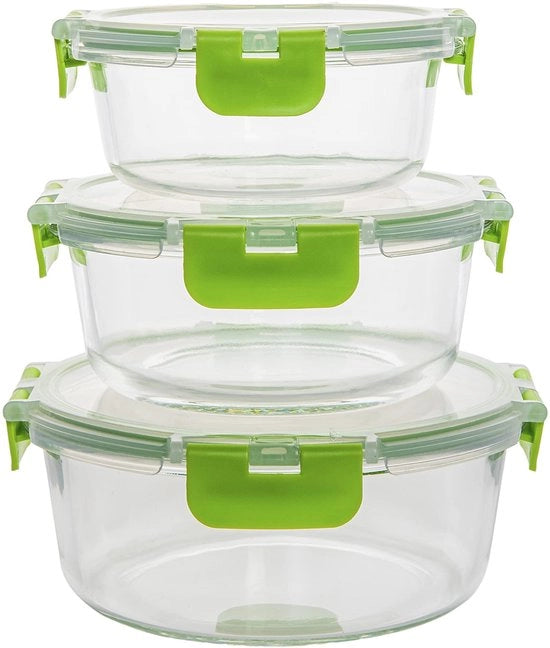 Set di contenitori in vetro con coperchio, 3 pezzi, capacità di circa 400 ml, 620 ml, 900 ml, impermeabili, stivellabili, ariostichi, idonei per lavastoviglie, microonde, forno e frigorifero, contenitori in vetro per conservazione, liberi da BPA.