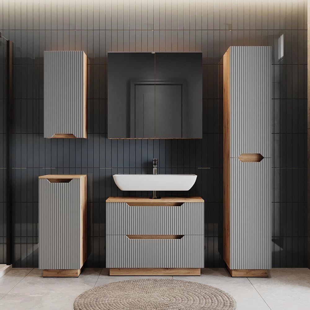 Set di mobili da bagno Lotta, Rovere/grigio a righe, 3 parti