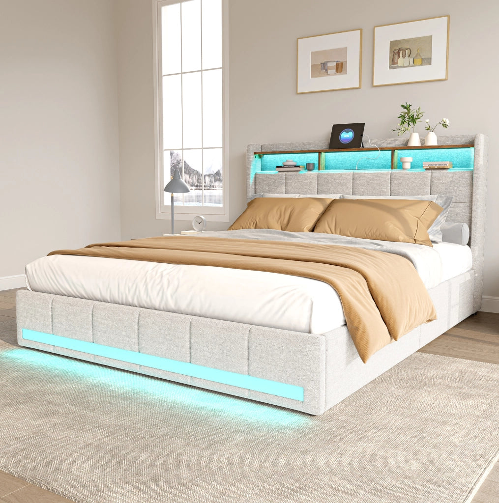 Letto con contenitori estraibili laterali e LED; legno massello e MDF; beige