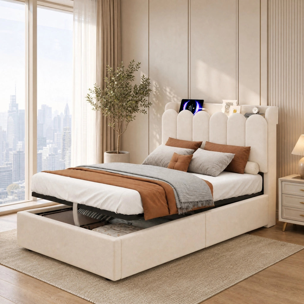 Letto singolo per bambini con contenitore idraulico, rete a doghe, testiera imbottita, porte USB e Type-C, velluto beige