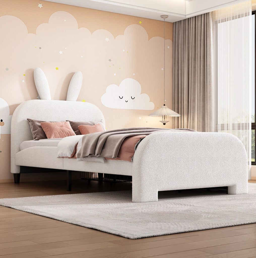 Letto singolo imbottito a coniglio 90x200 cm con 2 cassetti