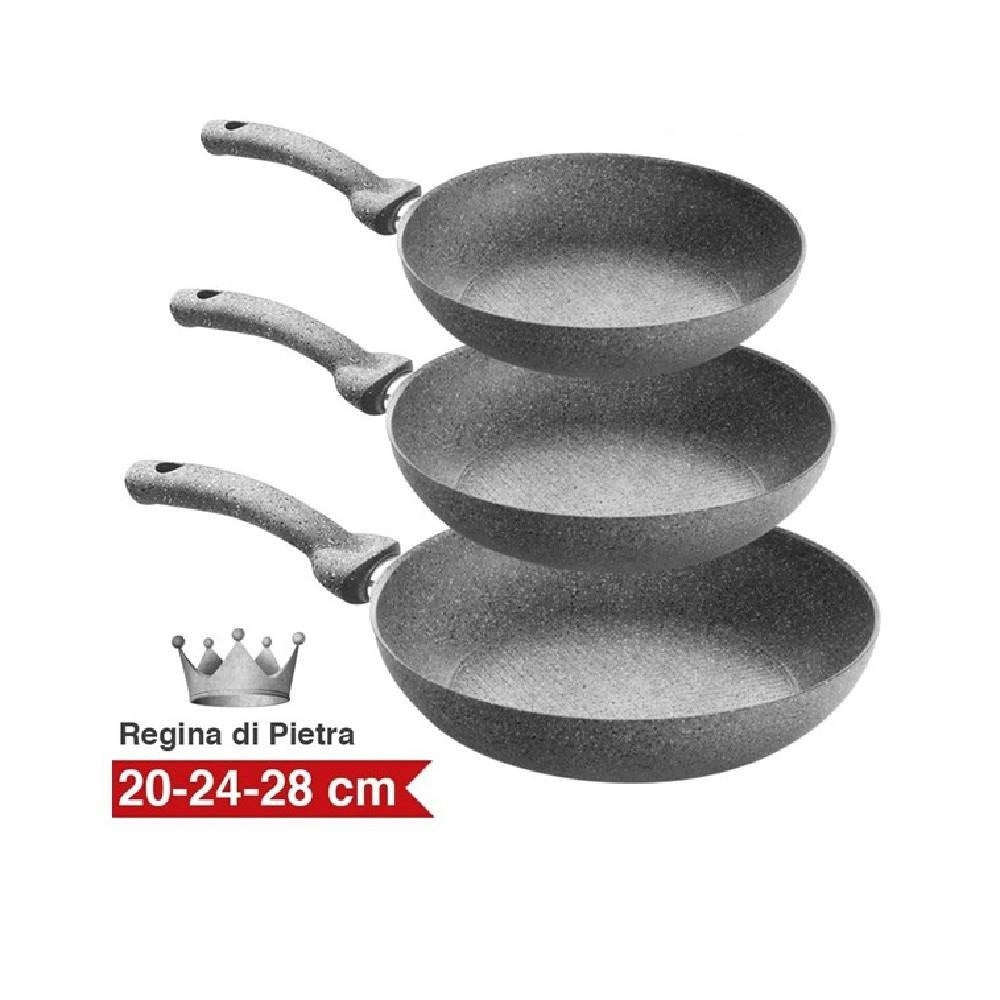 Trade Shop - Set 3 Padelle In Pietra Antiaderenti Regina Di Pietra Diametro 20 - 24 - 28 Cm -