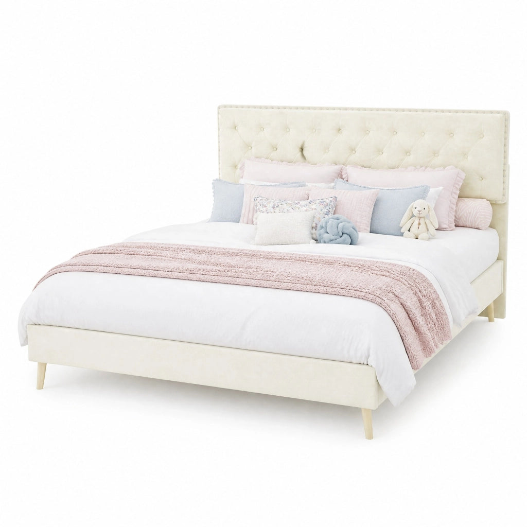 Letto matrimoniale 160x200 cm in velluto beige con testiera alta e struttura in metallo