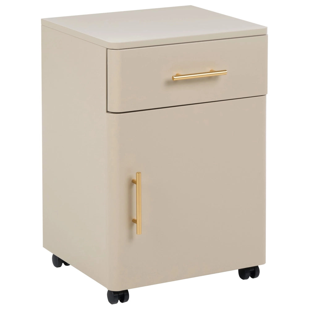 Comodino in acciaio beige con cassetto, angoli arrotondati e maniglie dorate