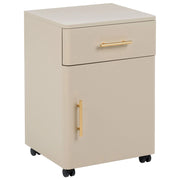 Comodino in acciaio beige con cassetto, angoli arrotondati e maniglie dorate