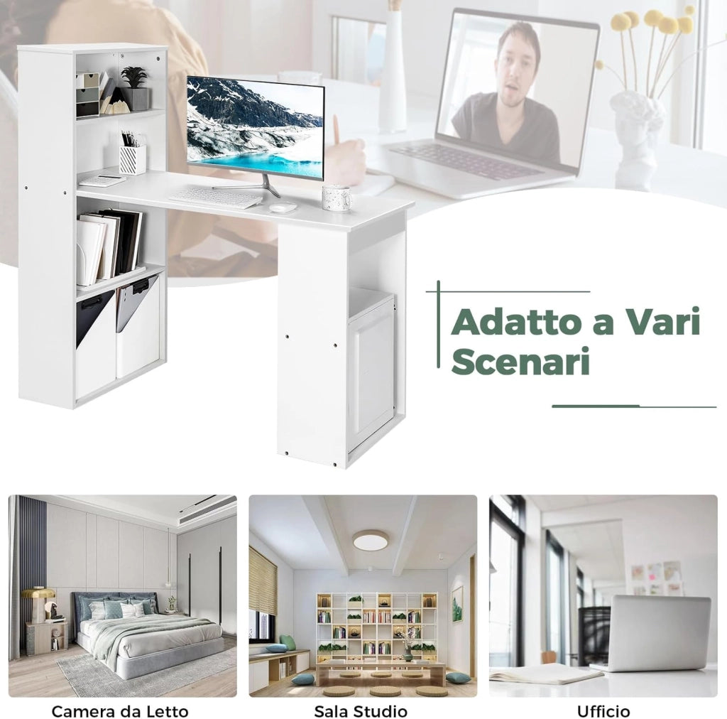 Scrivania per Computer con Libreria, Scrivania Salvaspazio Moderna con 6 Ripiani e Base Ampia, Scrivania Porta PC Moderna per Casa e Ufficio, 122 cm x 51 cm x 122 cm (Bianco)