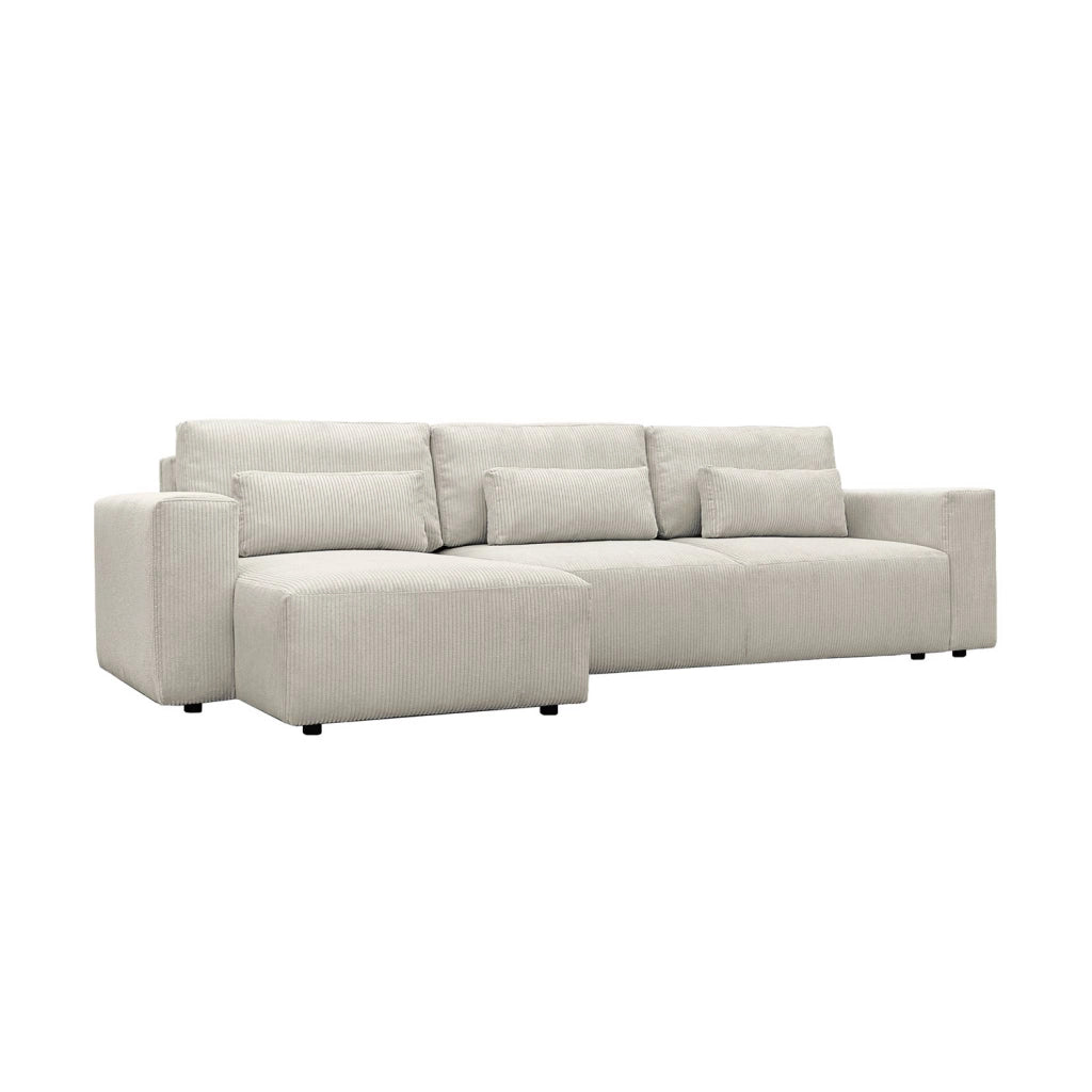 Divano letto angolare reversibile con contenitore in velluto a coste,