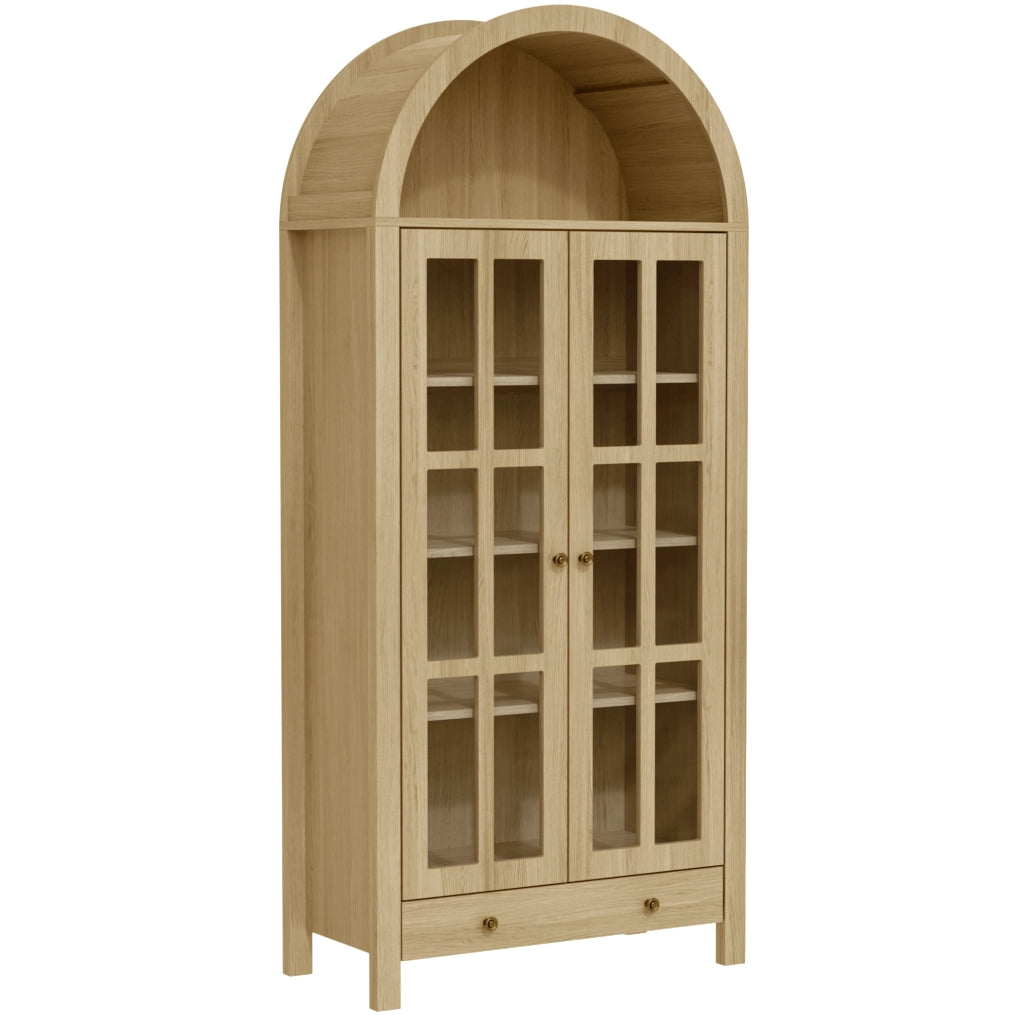 Vetrina ad arco da terra 75x35x170;5 cm in MDF naturale con ante in acrilico e cassetto