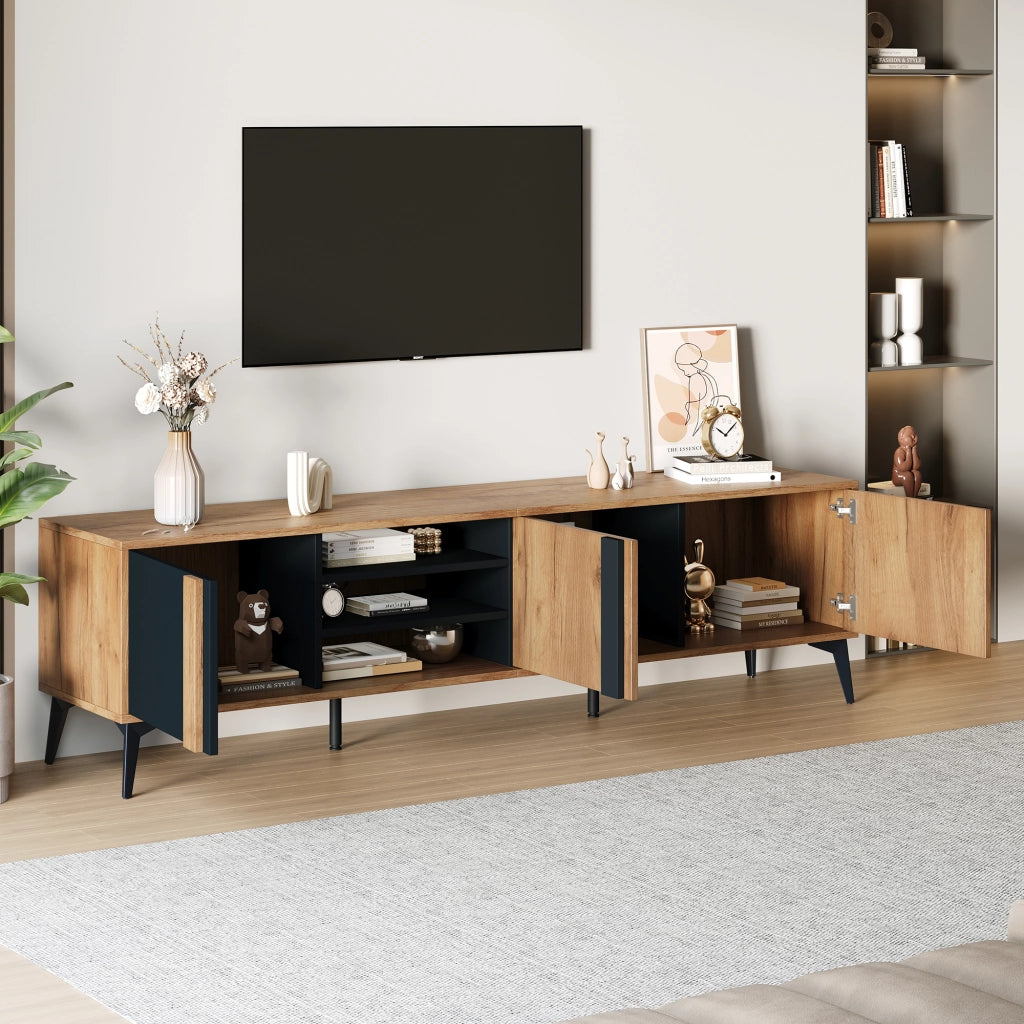 Mobile TV con 3 ante e 4 vani aperti; passacavi e piedi regolabili; per soggiorno; 180 × 40 × 50 cm; in truciolare; nero e marrone